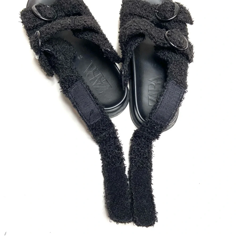 ZARA Black Faux Sherpa Fleece Double Buckle Sandal